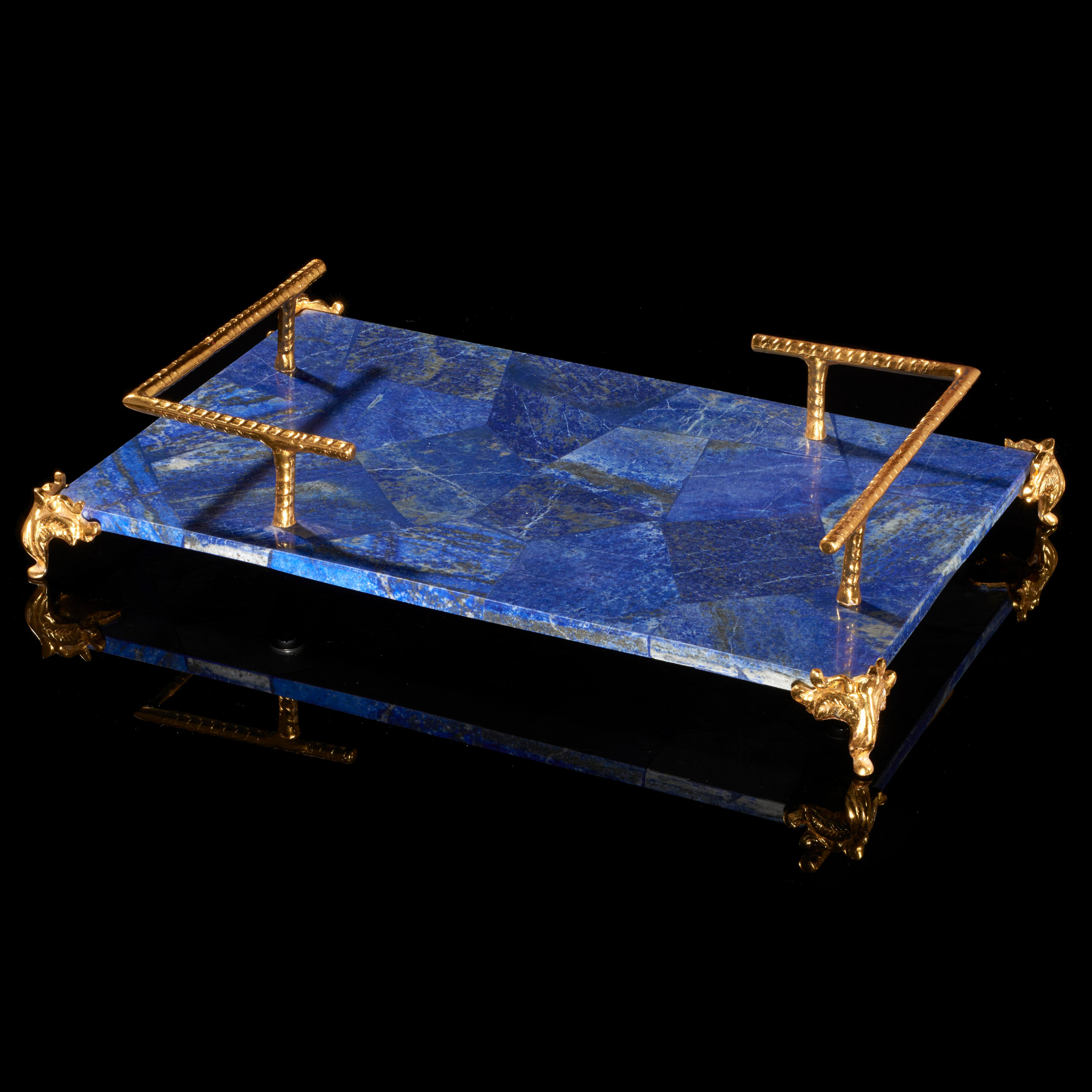 Minerals: A lapis lazuli tray with gilt metal mounts 39cm by 26cm