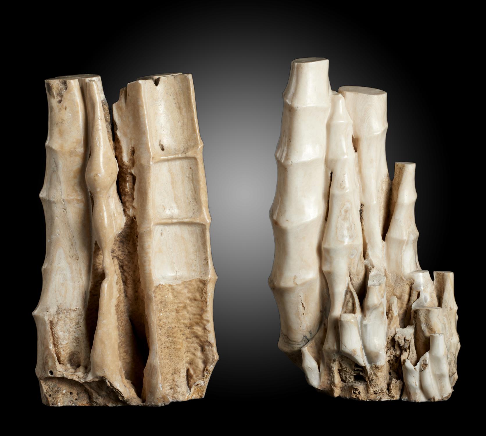 Minerals: Two stalactites carved to resemble bamboo Chinese, 20th century the taller 74cm