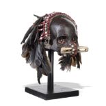 Tribal: An ancestor skull with headdress Dayak Tribe mounted on wooden stand 31cm high