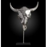 Sculpture: A nickel plated cast metal bison skull on stand modern 92cm high