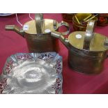 2 x railway watering cans and pewter dish