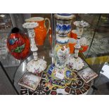 Enamel candlesticks and plaques