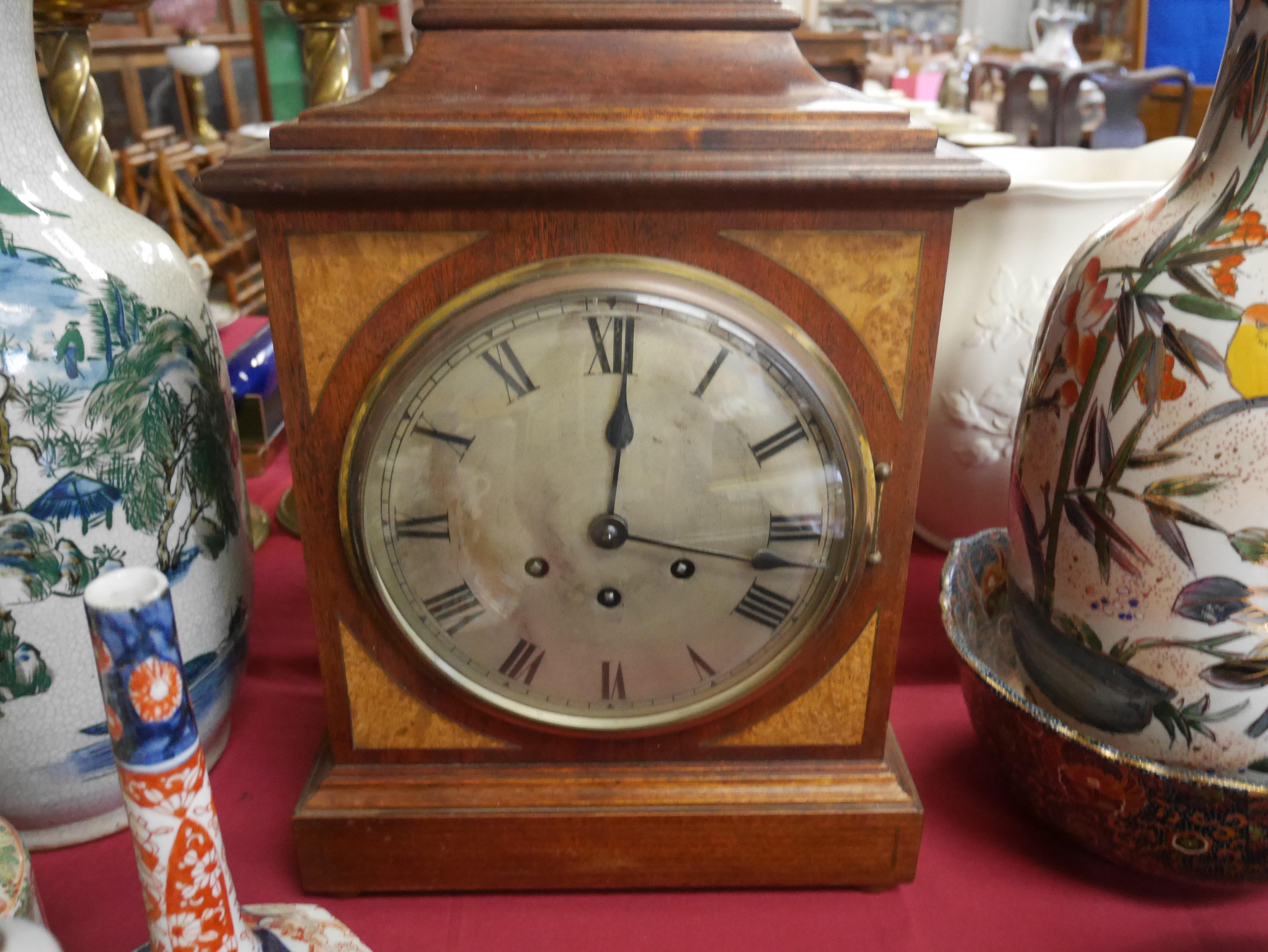 Large mantle clock with maple inlay 40cm ht x 30cm