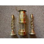 Miners lamp and pair of brass candlesticks