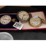 3 pocket watches London silver, gold plated and 9ct gold pocket watches. )