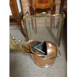 Copper coal helmet and brass irons, screen