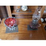 Ruby glass basket and oil lamp