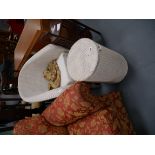 Mahogany cake stand, wicker chair and basket