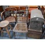 2 tin trunks, stool and 3 chairs