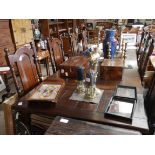 Repro. Oak extending refrectory table 9' x 3'2 + 8 chairs