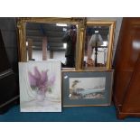 2 gilt mirrors, canvas and watercolour of lake