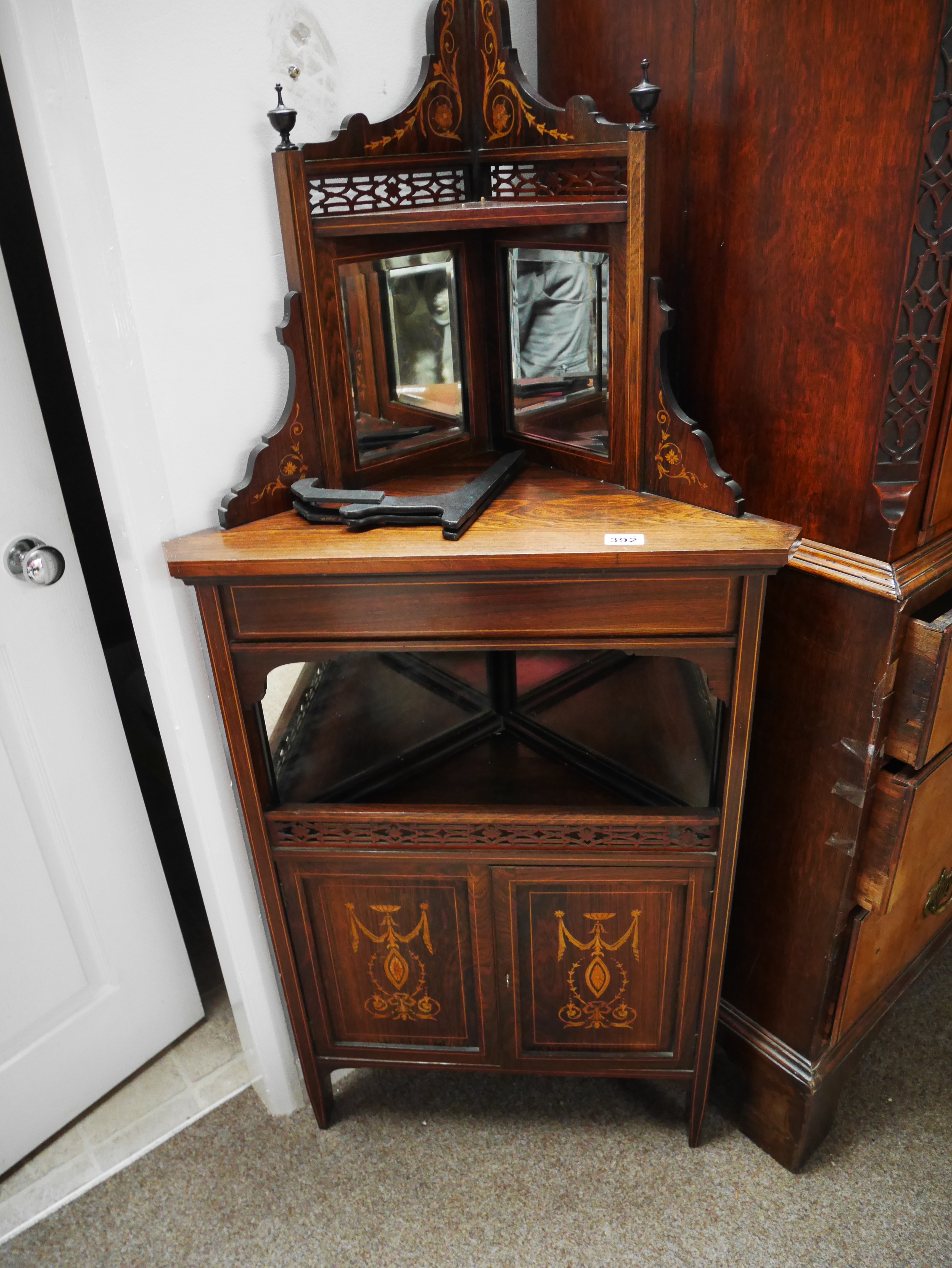 Edwardian mahogany and inlaid corner cupboard