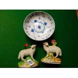 Pair of Staffordshire Sheep figures and Copenhagen plate