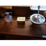 Silver plated and glass jug, Arts & Crafts cigarette box, silver plated tureen & Ladel