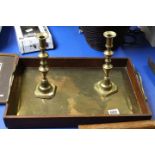 Pair of brass candlesticks and tray