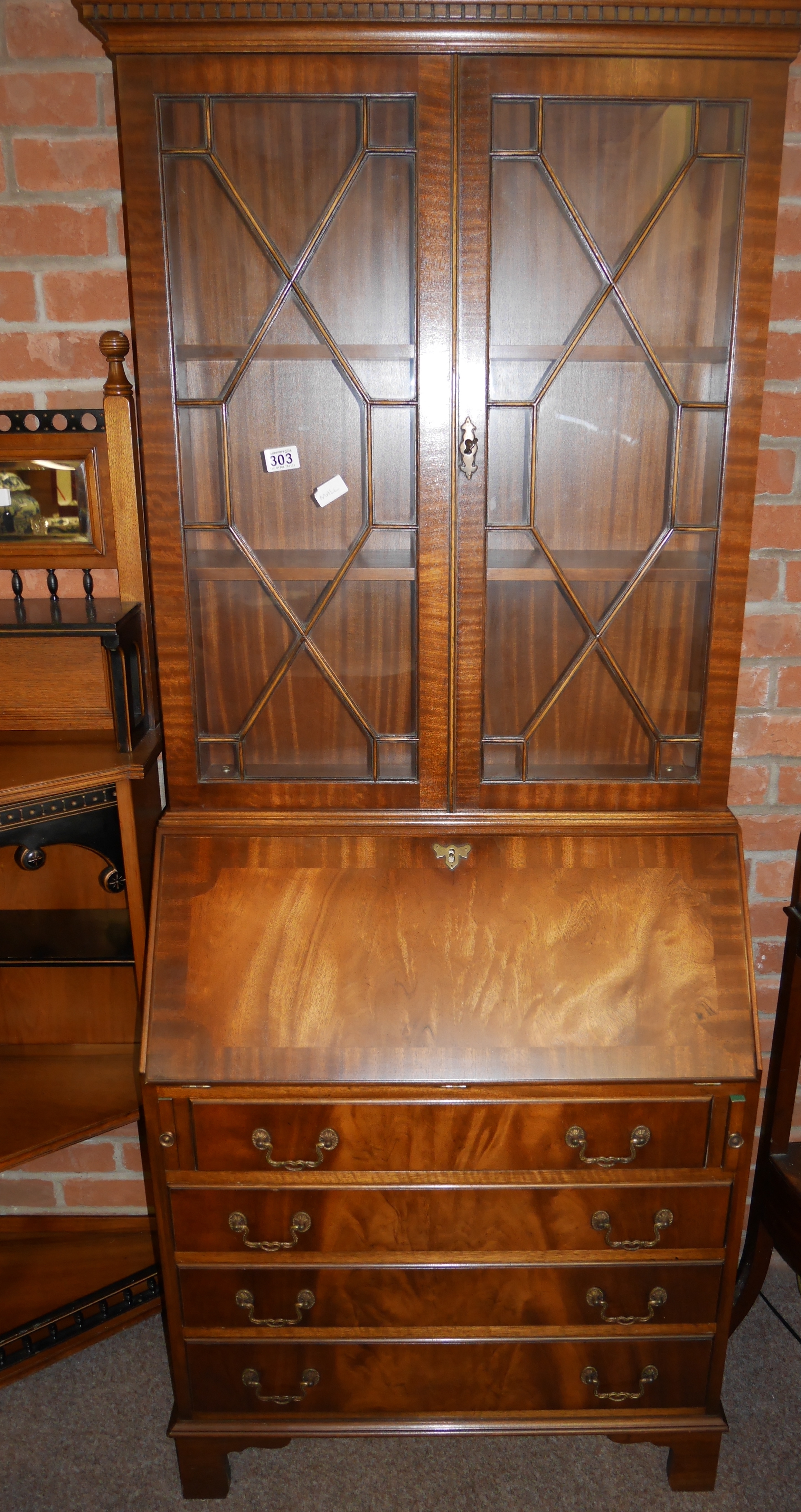 Repro. Mahogany bureau bookcase