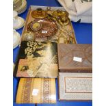 Brass items, copper dish and 4 misc boxes