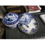 Blue and white serving dishes and ladel
