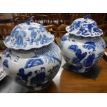 2 x Oriental blue and white ginger jars