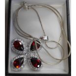 Large faux garnet and white stone pendant silver chain
