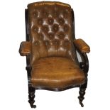 A VICTORIAN MAHOGANY FRAMED OPEN ARMCHAIR, in tan button back leather upholstery, scroll back and