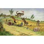 LOUIS WAIN, 1860 - 1939, WATERCOLOUR Titled 'Our First Halt', signed, framed and glazed. (22.5cm x