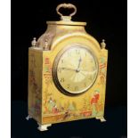 A 20th CENTURY GILT WOOD MANTLE CLOCK, having a brass carry handle,hand painted chinoiserie