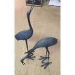 A PAIR OF BRONZE GARDEN STATUES OF PREENING CRANES tallest 75 cm.