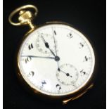 LE PHARE, AN 18CT GOLD GENTLEMEN'S CHRONOGRAPH POCKET WATCH Having two subsidiary dials and screw