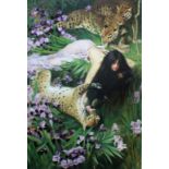 OIL ON CANVAS, SEMICLAD FEMALE WITH LEOPARDS A woman laying next to Leopards surrounded by flowers