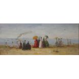 A GILT FRAMED OIL PAINTING depicting a Victorian beach scene with figures and steam ship off