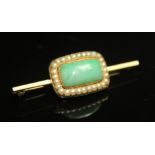 AN EARLY 19TH CENTURY CHRYSOPRASE AND SEED PEARL MEMORIAL BROOCH, later converted into a bar brooch.