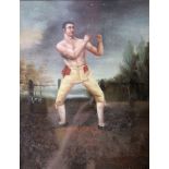 A BIRDS EYE MAPLE FRAMED OIL PAINTING of bare fist fighter in a landscape. 23x17.5cm