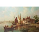 W. THOMPSON, A 19TH CENTURY OIL ON CANVAS 'The Ferryman', low countries, village side estuary,