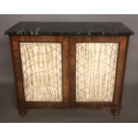 A 19TH CENTURY MAHOGANY SIDE CABINET, the green veined marble top above two silk lined brass grilled