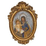 A VICTORIAN PLASTER CAST ECCLESIASTICAL PORTRAIT OVAL PLAQUE Set with glass eyes, held in a carved