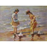 AN OIL PAINTING SCENE, Two girls on a seashore with toy sailboats. 305x40cm