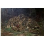 WILLIAM WALLS 1860 Oil on canvas lion cubs at rest , in a good heavy decorative gilt frame 91 x 61