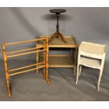 A 19TH CENTURY FRENCH PAINTED BEDSIDE TABLE , along with an oak two tier side table , pine towel