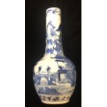 A 19TH CENTURY CHINESE BLUE AND WHITE BOTTLE VASE , decorated with fishermen on a bridge and pagodas