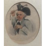 AN OVAL MINIATURE WATERCOLOUR Portrait of a gentleman in a tricorn hat, black eye patch and wielding