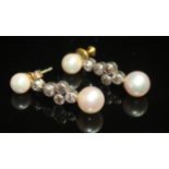 A PAIR OF PEARL AND DIAMOND DROP EARRINGS. A pair of 6mm pearl and old-cut diamond studs each