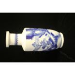 A GOOD 19TH CENTURY BLUE AND WHITE ROULEAU VASE, Finely painted in the Kangxi style with scholars