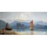 A 19TH CENTURY CONTINENTAL SCHOOL OIL ON CANVAS Fishing boats in an estuary with castle beyond, gilt