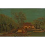 A FRAMED OIL ON BOARD View of a farmstead with figures and livestock. Signed with monogram. 31x47.