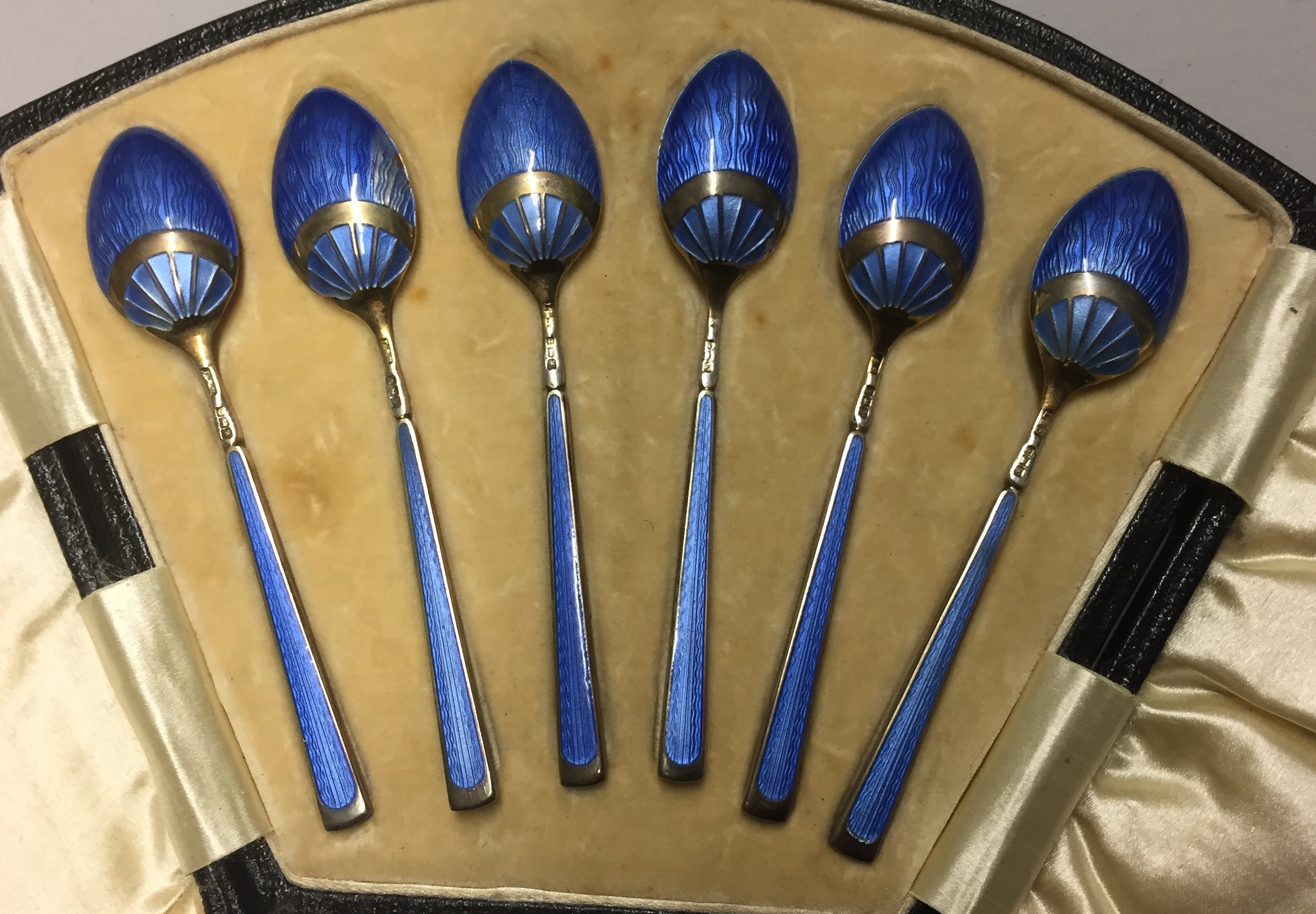 LEVI & SALAMAN, A SET OF SIX ART DECO SILVER GILT COFFEE SPOONS With blue guilloché enamelled - Image 3 of 3