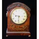 A LATE 18th CENTURY MAHOGANY AND BRASS INLAID FUSEE BRACKET CLOCK, carved dome top and inlaid with