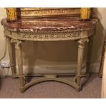 A 19TH CENTURY CONSUL TABLE the rouge marble top on French grey painted base with carved and pierced