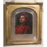 CONTINENTAL SCHOOL OIL ON BOARD portrait of gentlemen in red cloth hat and cloak , mounted framed