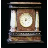 A 19th CENTURY MARBLE MANTLE CLOCK, architectural style with rouge marble case and tapering column